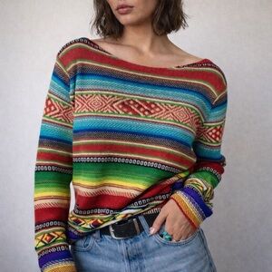 Ralph Lauren Vintage Vibrant Multicolor Striped Southwestern Long Sleeve Sweater